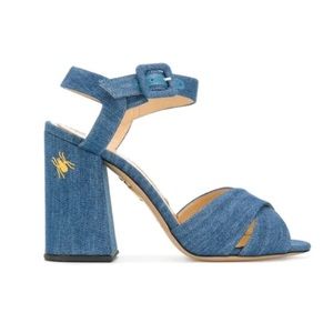 NWOT Charlotte Olympia Emma Embroidered Denim Heel